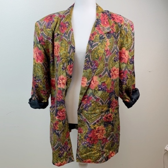 Vintage 90s Robert Stock silk floral print blazer one button, fully lined EUC - Picture 2 of 8